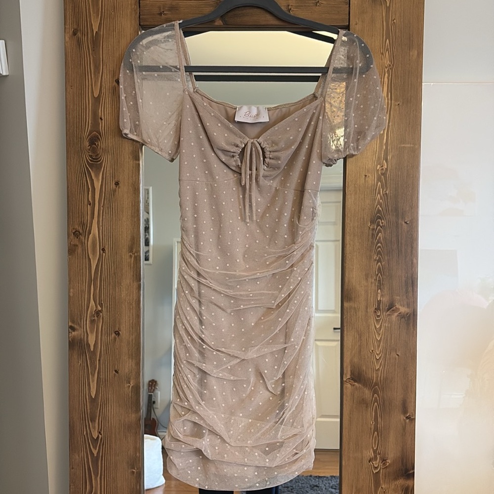 Blush Boutique Tan Mini Dress with Polka Dot overlay size: medium